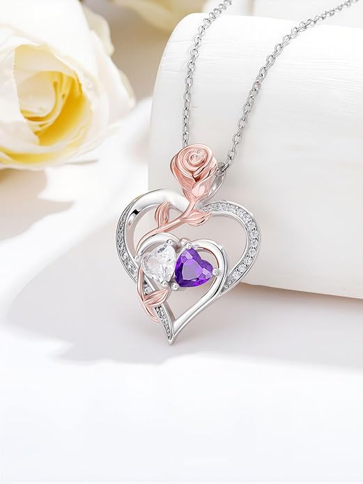 Rose Flower Heart Pendant for Women Birthday Gifts 18k Gold Plated Mother Daughter Necklace with 12 Months Birthstone Christmas Valentines Day Gifts for Her Mom Anniversarry Jewelry for Mom Wife Girlfriend