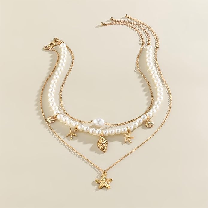 Gold Sea Shell Necklace Layered Charm Necklace for Women Boho Summer Seashell Beach Starfish Necklaces 14k Pearl Chain Surfer Jewelry Beach Vacation Essentials