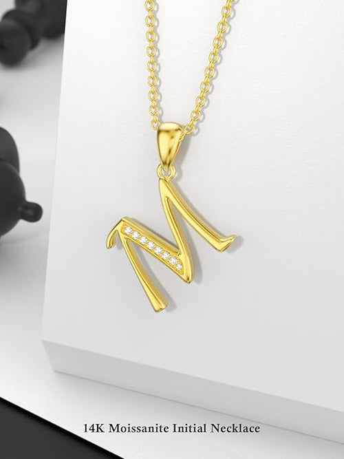 14k Gold Initial Necklace for Women, Solid Gold Moissanite Letter Pendant Necklaces Jewelry for Her Birthday Valentines Day Gifts for Mom Wife Christmas Gifts for Girlfriend Sister