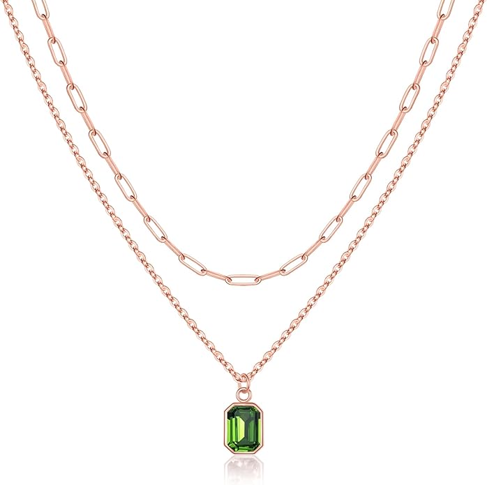 Layered Birthstone Necklace for Women Girls, 14K Gold-Plated Paperclip Chain Choker Necklace with Rectangle Birthstone Pendant Birthday Gifts for Women Girls Dainty Small