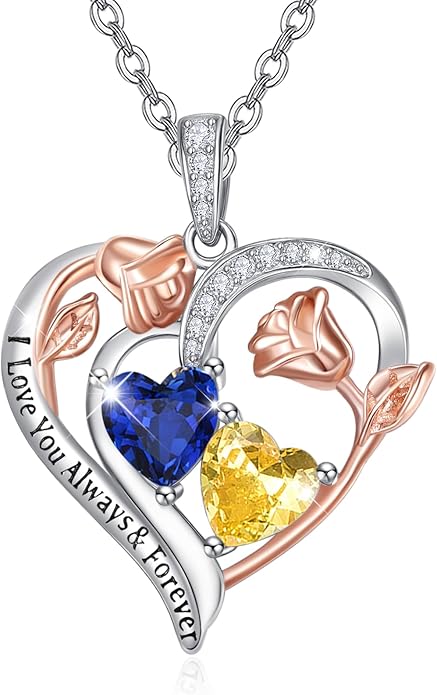 Valentine's Day Gifts for Wife 925 Sterling Silver Double Birthstone Pendant Necklaces I Love You for Always and Forever Necklace Anniversary Birthday Gifts for Wife Girlfriend Mom Her