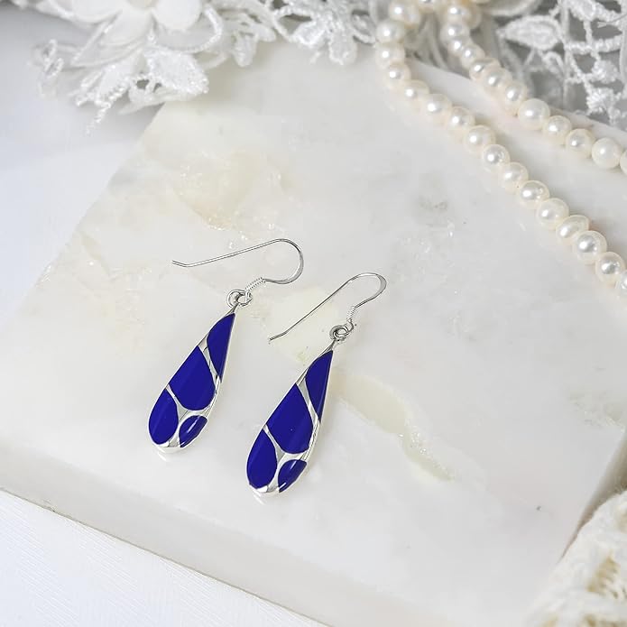 AeraVida Vintage Streaked Teardrop Simulated Blue Lapis Lazuli .925 Sterling Silver Dangle Earrings | Shiny Fish Hook Earrings | 9x45mm Lightweight Gift Jewelry for Women