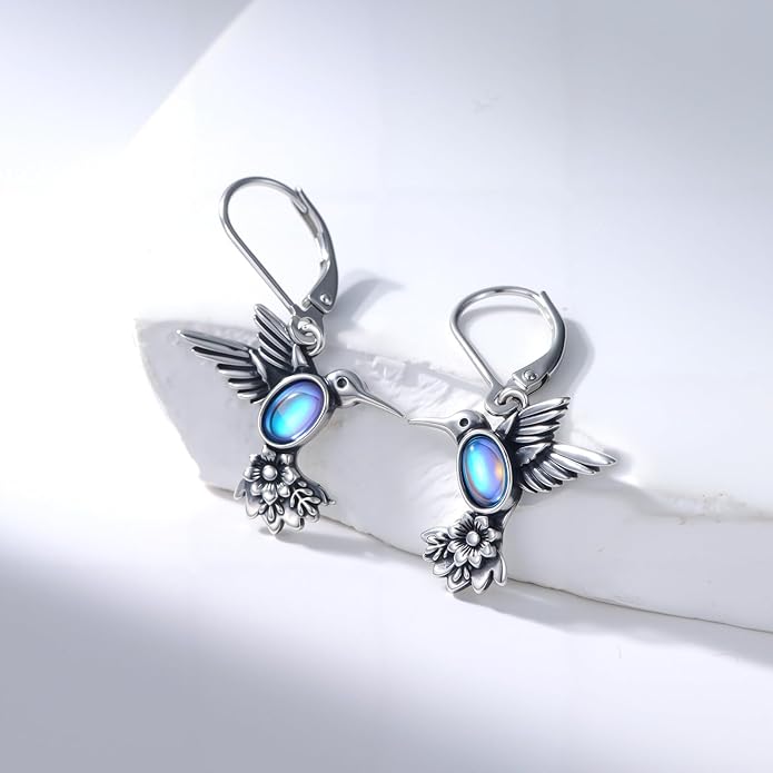 Hummingbird with Moonstone Dangle Earrings 925 Sterling Silver Hummingbird Leverback Earrings for Women