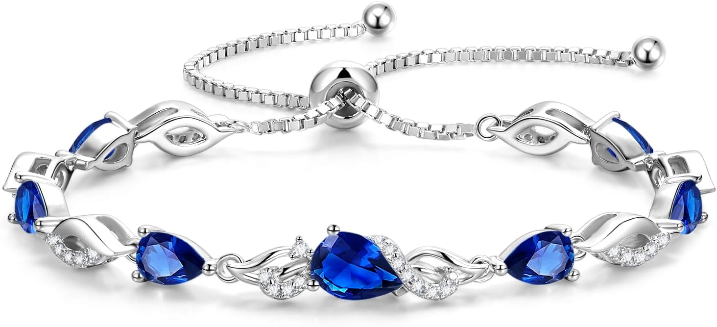 FANCIME Birthstone Teardrop Tennis Bracelet for Women, Sterling Silver 9x7mm main Gemstone Bolo Adjustable Chain Bracelet Fine Jewelry Birthday Gifts for Women Mom Wife Her