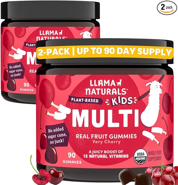 Llama Naturals Kids Multivitamin Gummies, Vegan, Organic with Vitamin D, C & K, Toddler Real Fruit Gummy Vitamins, Chewable Supplement, Whole Food Multivitamin, No Added Sugar Cane, Cherry, 2 Pk