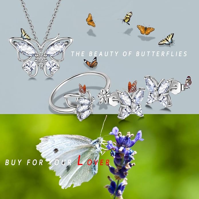925 Sterling Silver Birthstone Butterfly Jewelry Women Crystal Animal Cute Butterflies Birthday Necklace/Earring/Ring/Bracelet Sets Birth Stone Statement Anniversary Jewellery
