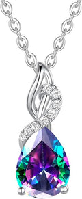 FANCIME 14K Solid White Gold Teardrop Pendant with Diamond Birthstone Necklace
