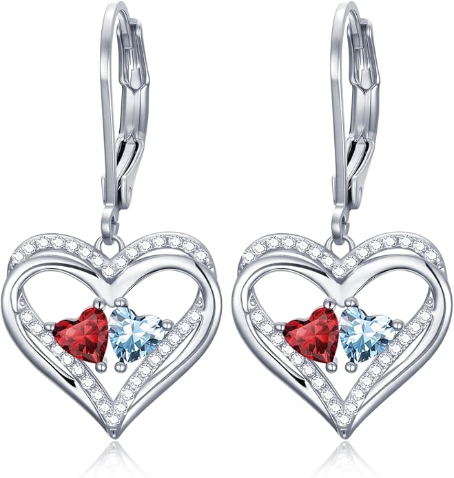 Valentines Day Gifts for Women, Heart Leverback Earrings Double Birthstone Dangle Earrings for Women, Love Jewelry for Her, Anniversary Birthday Gift for Mom Wife Girlfriend