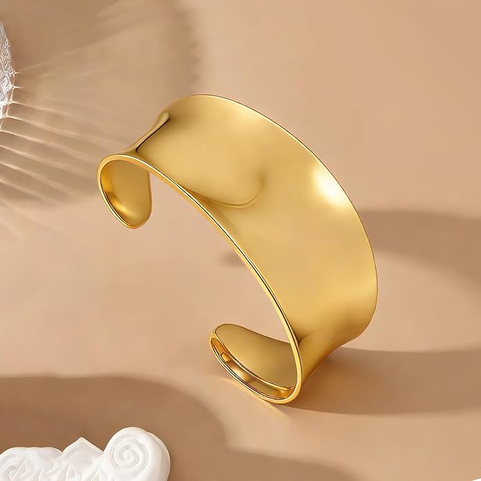 hotoo Chunky Wide Bangle Bracelets For Women Open Gold Bangle Statement Cuff Stainless Steel Stackable Bracelets Thick Jewelry For Christmas Birthday Trendy Gifts