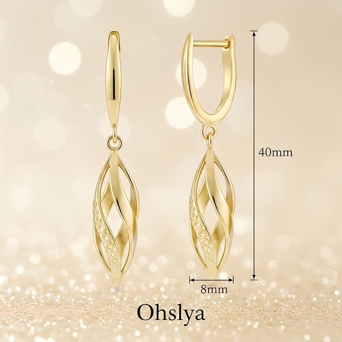 Gold Hoop Earrings 14K Gold Hoop Earrings for Women Dangle Drop Earring for Women Rhombic Twisted Hollow Shape Gold Drop Earring for Womens Dangling 40mm
