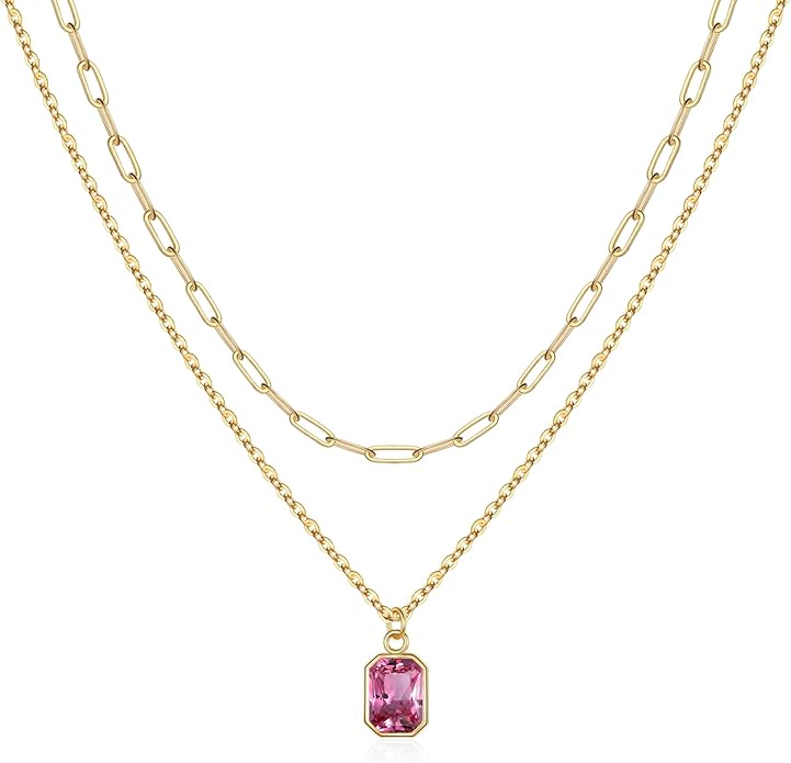 Layered Birthstone Necklace for Women Girls, 14K Gold-Plated Paperclip Chain Choker Necklace with Rectangle Birthstone Pendant Birthday Gifts for Women Girls Dainty Small