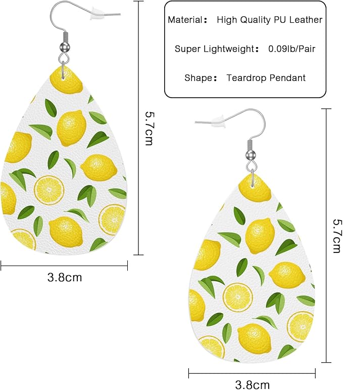 Yellow Lemon Woman Earrings, Tropical Fruit Lemon Slices Green Leaves Lightweight Leather Dangle Teardrop Earrings Jewelry For Ladies Friends