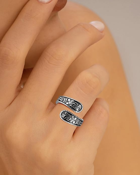 Vintage 14K Gold Plated and Silver Spoon Ring – Adjustable Ring with Carving Design for Women, Unique Boho Open Ring for Gift