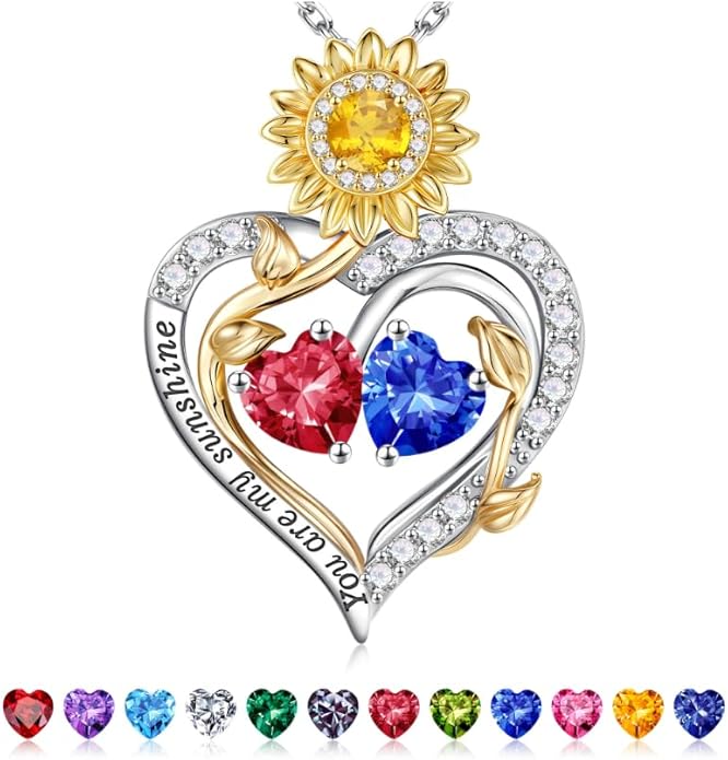 Iefil Valentines Day Gifts for Her - 925 Sterling Silver Sunflower Double Birthstone Necklace for Women, Anniversary Birthday Gifts for Wife, You Are My Sunshine Necklaces, Jewelry for Wife Mom