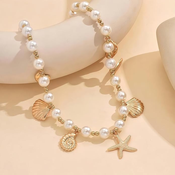 Shell Starfish Necklace for Women, 14k Gold Plated Boho Layered Beaded Charm Pendant Necklace, Dainty Adjustable Pearl Conch Summer Beach Vacation Jewelry Gifts