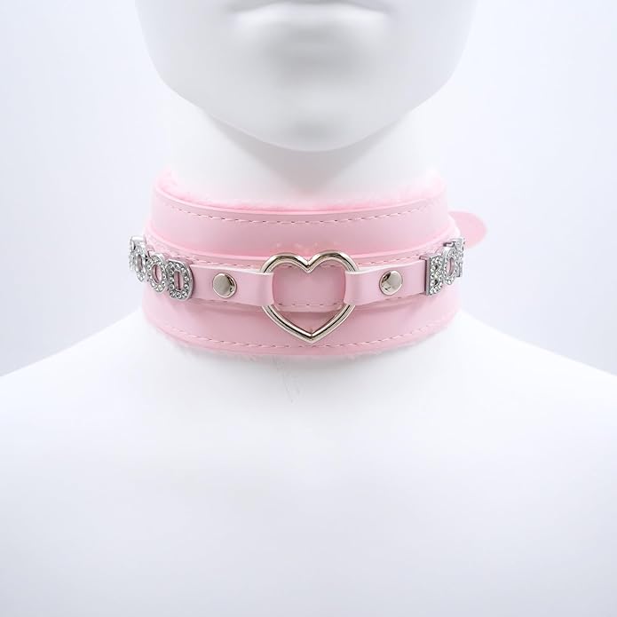 Pink Furry Heart O-ring Leather Choker Collar For Women, Handmade Punk Gothic Letter Necklace Adjustable Fashion Jewelry