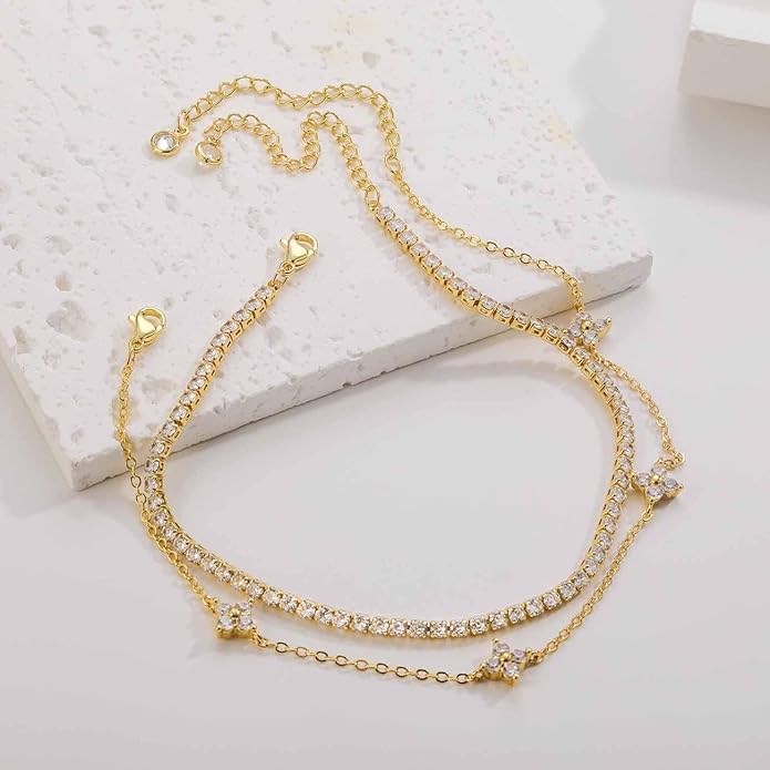 RLMOON Gold Anklets for Women CZ Ankle Bracelet 14K Gold/Silver Plated Waterproof Dainty Layered Tennis Heart Dot Chain Silver Anklets Trendy Foot Jewelry