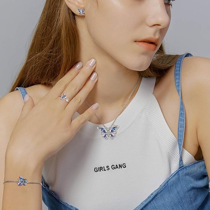 925 Sterling Silver Birthstone Butterfly Jewelry Women Crystal Animal Cute Butterflies Birthday Necklace/Earring/Ring/Bracelet Sets Birth Stone Statement Anniversary Jewellery