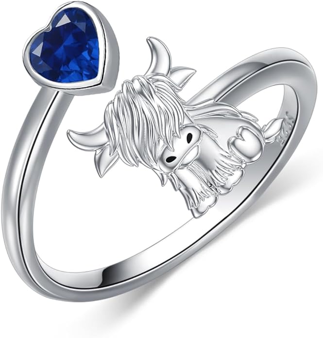 Highland Cow Ring 925 Sterling Silver Adjustable Ring Birthstone Ring Engraved Name Highland Cow Gifts Jewelry for Women