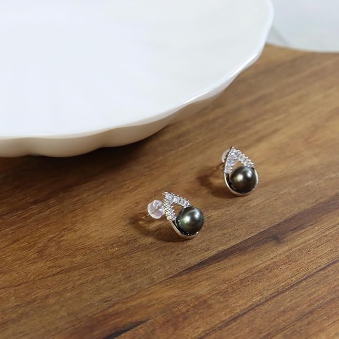 Gift for Wife -Tahitian Black/Freshwater Cultured-Pearl-Earrings-Gifts for Women Wedding Birthday Anniversary-Mom Her Mothers Day Valentines Day Christmas-18K Gold Plated Sterling Silver Pearl Stud Earring Fine Jewelry
