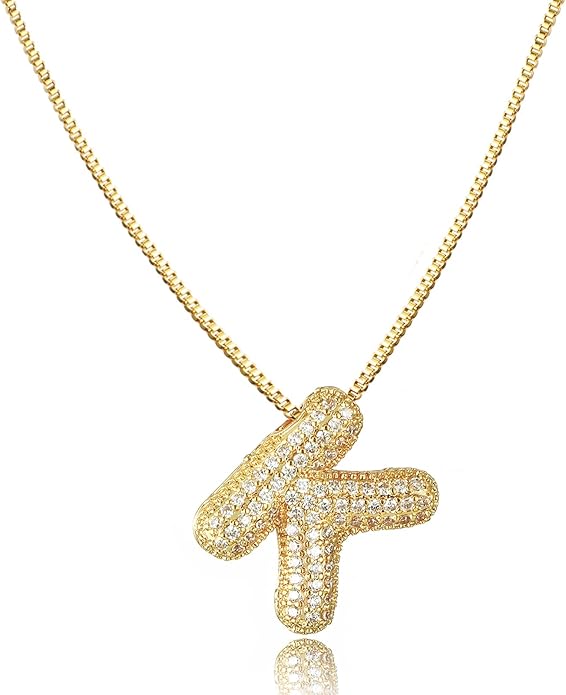 SKQIR Diamond Initial Letter Necklace for Women Bubble Gold Plated Puffy Balloon Alphabet Crystal Zircon Pendant Name Necklace Dainty Charms Trendy Jewelry Gift for Women