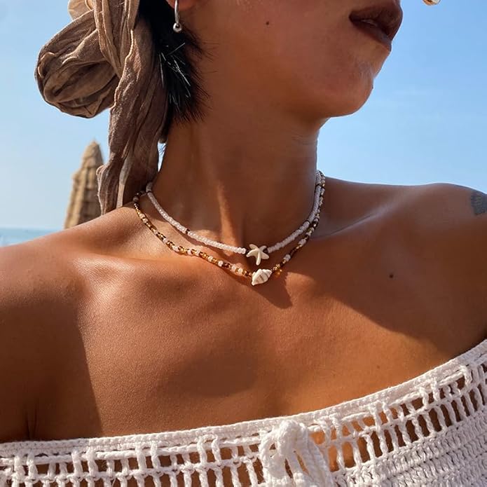Women's Shell Starfish Boho Layered Beaded Necklace Choker for Summer Beach Vacation Gifts for Birthday/Anniversary/Christmas