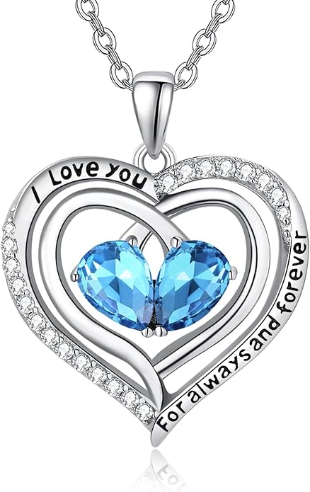 Valentine's Day Gifts for Wife 925 Sterling Silver Double Birthstone Pendant Necklaces I Love You for Always and Forever Necklace Anniversary Birthday Gifts for Wife Girlfriend Mom Her
