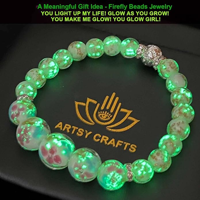 ARTSY Crafts Lily Garden Glow in the Dark Firefly Bead Bracelets Necklaces, Handmade in USA Murano Glass Jewelry, Flower Luminous Beads Mermaid Crystal Bracelet Bangle