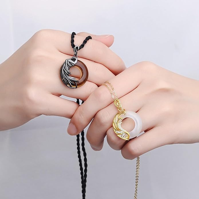 2Pcs Couple Matching Necklace for Men Women Vintage Angel and Demon Couple Necklace Sun Moon Star Pendant Necklace Dragon Phoenix Necklace Black White Round Glass Necklace Birthday Valentine's Day Jewelry