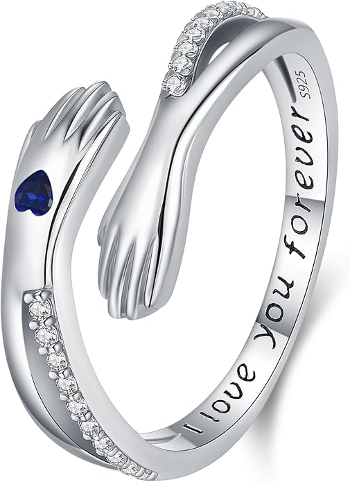 Hug Rings for Women Birthstone Hug Rings 925 Sterling Silver Adjustable Hand Ring Open Jewelry Daughter Gifts From Mom Mother Teens Mother's Day Amavive
