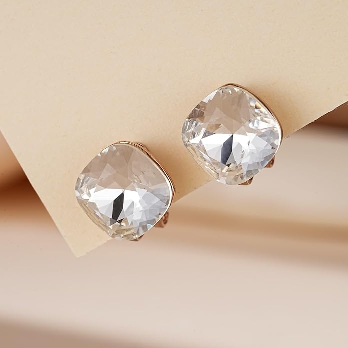 EVEVIC Austrian Crystal Square Cilp On Earrings for Women 14K Gold Plated Non Pierced for Sensitive Ears Jewelry Gifts for Anniversary