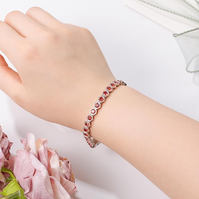 Birthstone Tennis Bracelets for Women Birthday Gifts 925 Sterling Silver Hexagon White Gold Bracelets Round Cut 5A Cubic Zirconia Prong Setting 7 Inch Anniversary Jewelry Gift