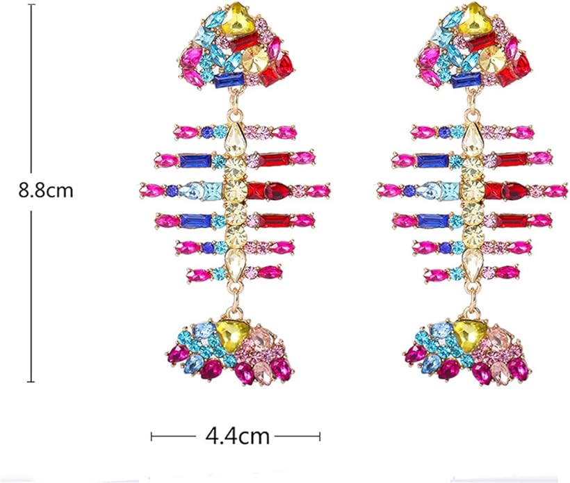 Gold Colorful Acrylic Rhinestone Fishbone Earrings Exaggerated Fish Animal Long Pendant Earrings Metal Studs Jewelry for Women Gift