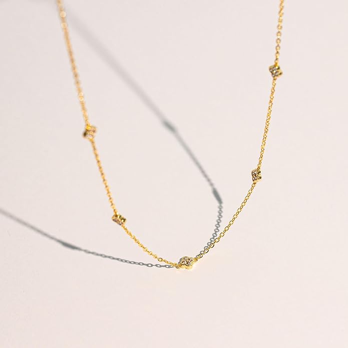 VRIUA Necklaces for Women - 14K Gold/Silver Plated Dainty Chain Necklace with Five Charms: Diamond, Bow, Snowflake, Cross, Flower, Clover, Butterfly, Heart, Star of David, and Star Trendy Jewelry