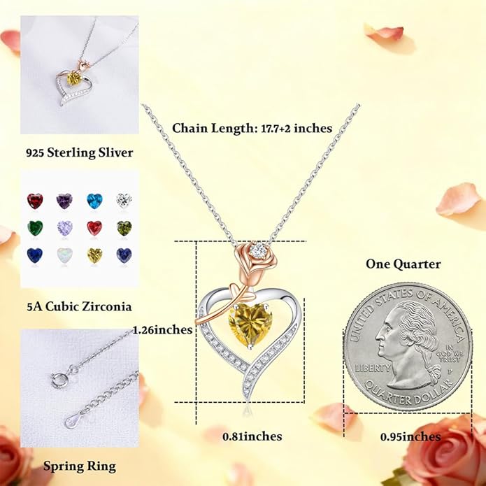 immobird Rose Gold Heart Necklace Birthstone Jewelry Sterling Silver Jewelry Plated White Gold Valentine's Day Gift Women for Wife Mom Necklace for Women