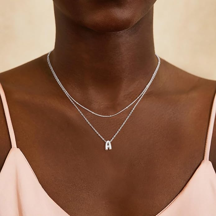 Valentines Day Gifts for Her - Bubble Letter Necklace Layered 14K Gold Plated Initial Necklaces for Women Dainty Cute Choker Pendant Stack Jewelry Fashion Accessories Teen Gift Trendy Stuff