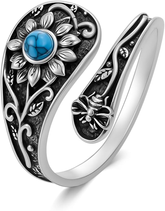 JKR Turquoise Spoon Rings for Women Sterling Silver Vintage Antique Thumb Ring Boho Jewelry Anniversary Birthday Gift for Wife Her Mom