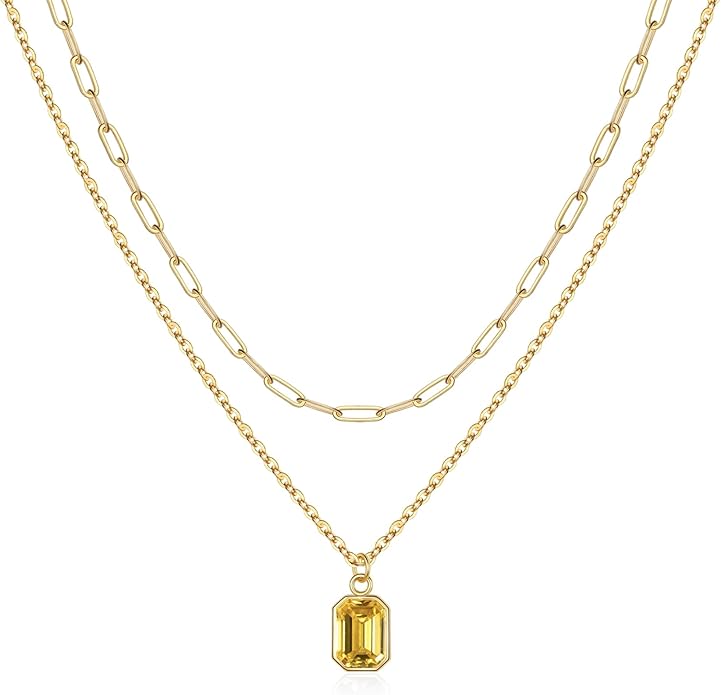 Layered Birthstone Necklace for Women Girls, 14K Gold-Plated Paperclip Chain Choker Necklace with Rectangle Birthstone Pendant Birthday Gifts for Women Girls Dainty Small