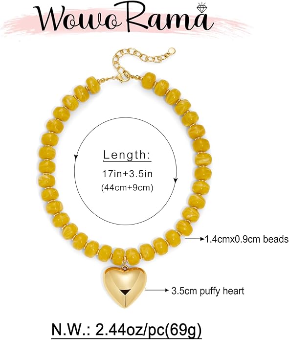 WOWORAMA Chunky Heart Necklaces for Women Colorful Resin Beaded Choker Necklace Gold Puffy Heart Statement Necklace Trendy Acrylic Choker Jewelry
