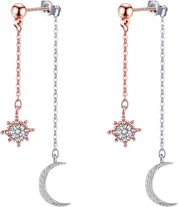 Moon and Star dangle Earrings for Women Chain Tassel with Cubic Zirconia Drop Celestial Jewelry for Wedding Gift