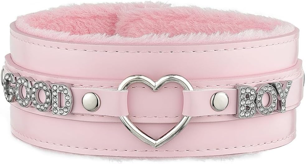 Pink Furry Heart O-ring Leather Choker Collar For Women, Handmade Punk Gothic Letter Necklace Adjustable Fashion Jewelry