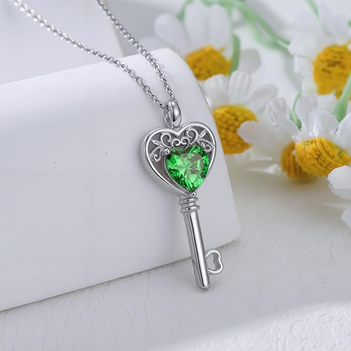 WSX Heart Key Birthstone Necklace for Women 925 Sterling Silver Love Key Pendant with Birthstone Valentine's Day Anniversary Jewelry Gift for Her