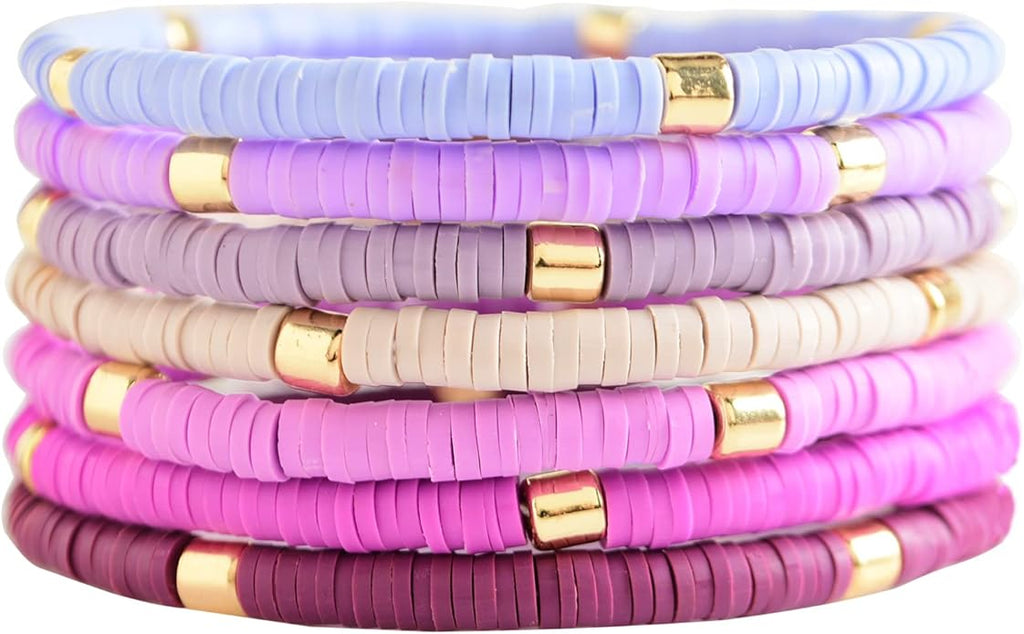GOOJIDS Surfer Heishi Clay Bead Bracelets for Women Bohemian Stackable Gold Plated Beaded Stretch Bracelets Elastic Layering Friendship Bracelets Set Boho Jewelry