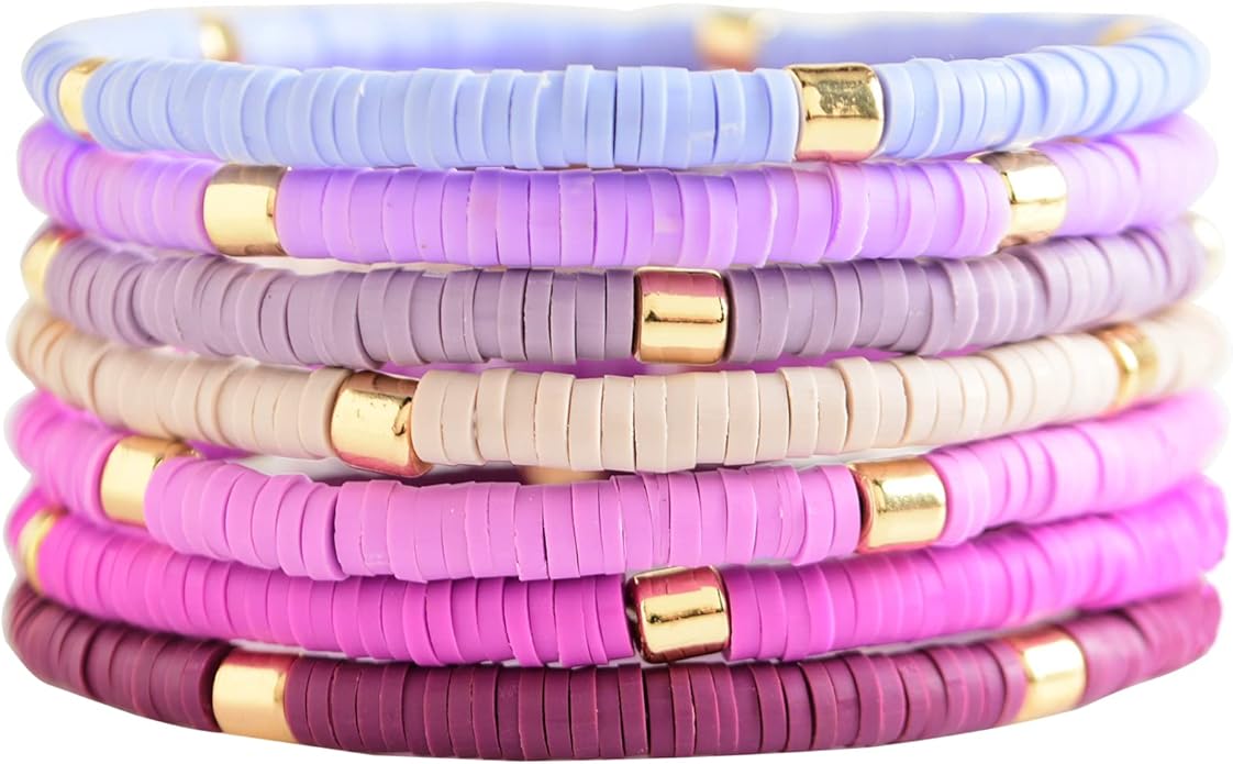 GOOJIDS Surfer Heishi Clay Bead Bracelets for Women Bohemian Stackable Gold Plated Beaded Stretch Bracelets Elastic Layering Friendship Bracelets Set Boho Jewelry