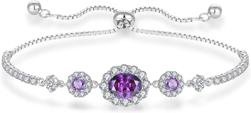 925 Sterling Silver Birthstone Bracelets for Women, Adjustable Halo Cubic Zirconia CZ Bracelet Anniversary Birthday Jewerly for Mom Wife