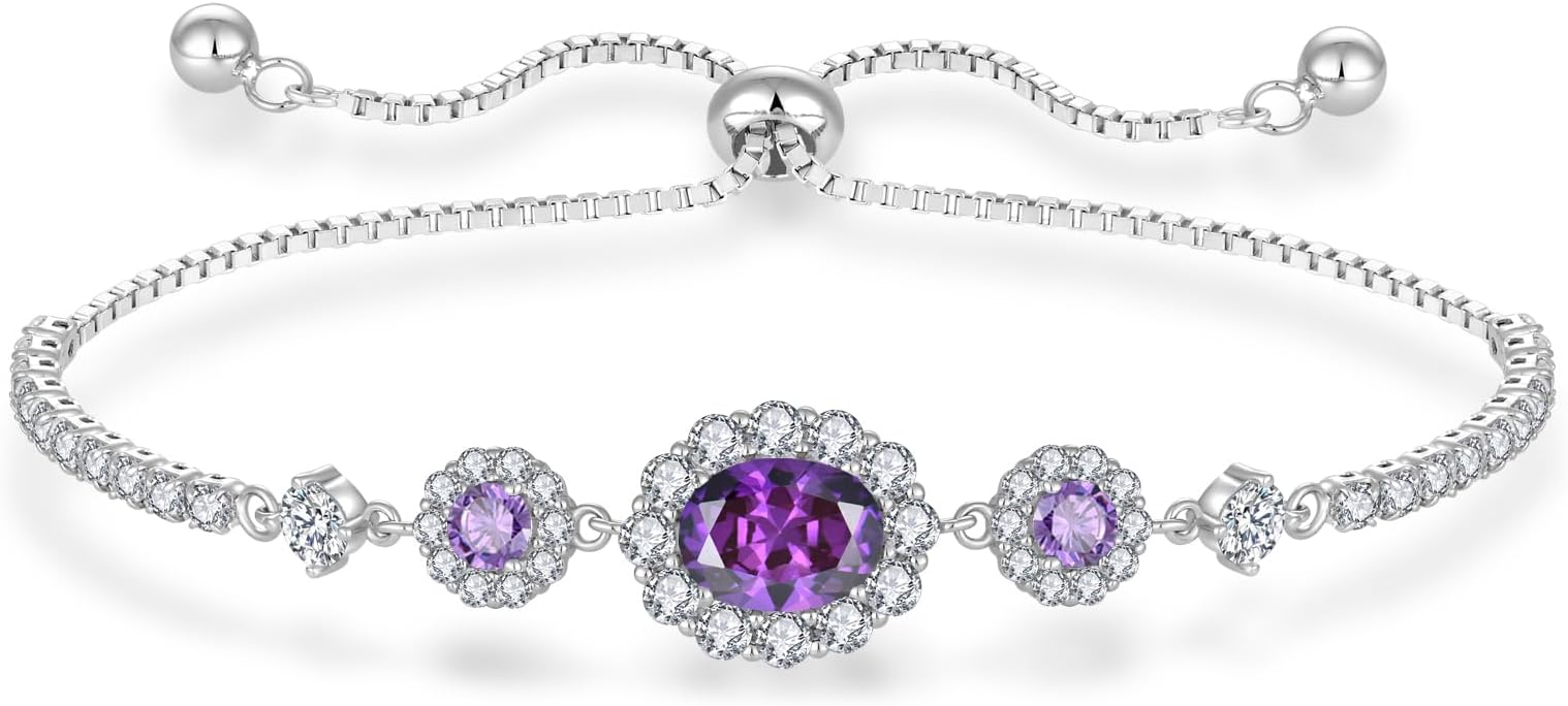 925 Sterling Silver Birthstone Bracelets for Women, Adjustable Halo Cubic Zirconia CZ Bracelet Anniversary Birthday Jewerly for Mom Wife
