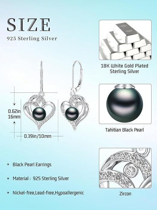 Tahitian Black Pearl Earrings Gifts for Women Wife Celtic Dangle Drop Earrings Wedding Birthday Anniversary Jewelry Valentines Christmas Day Gifts 925 Sterling Silver