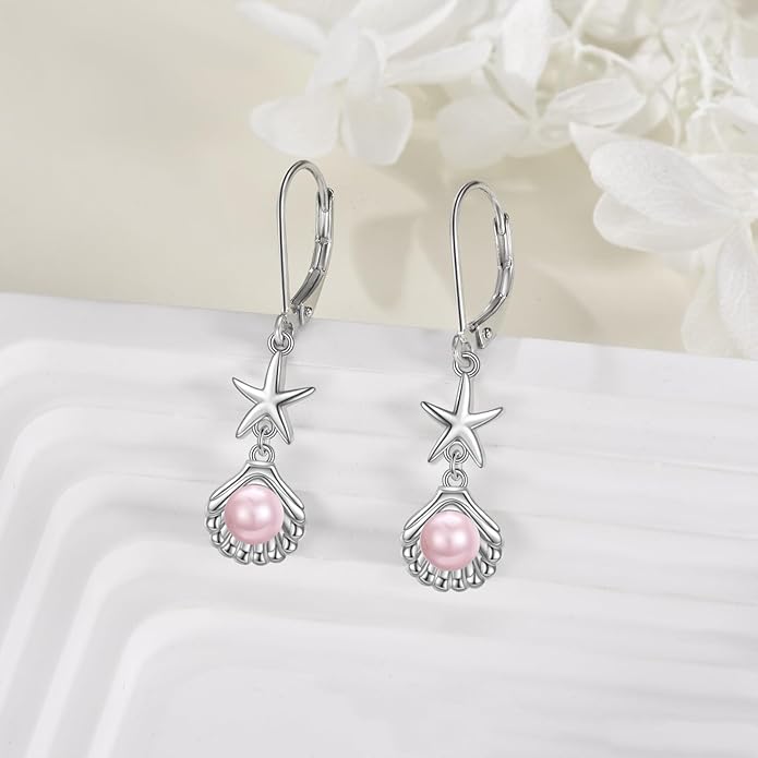 VONALA Silver/Gold Seashell Pearl Dangle Earrings 925 Sterling Silver Beach Drop Dangle Earrings Starfish Leverback Earrings Ocean Jewelry Gifts for Women
