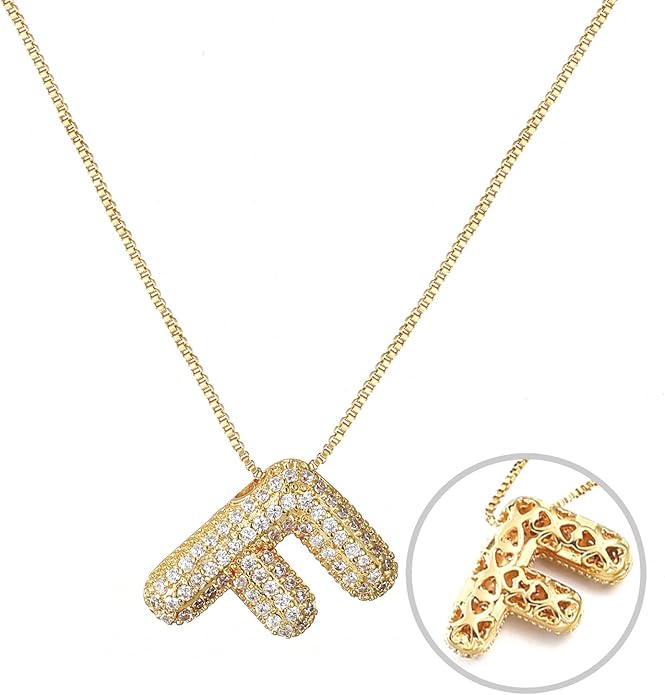 RWQIAN Letter Necklace for Women Bubble, Chunky Initial Alphabet A-Z Pendant Puffy Name Personalized Necklace Dainty Zircon CZ Fashion Jewelry Gifts for Girls Girlfriend