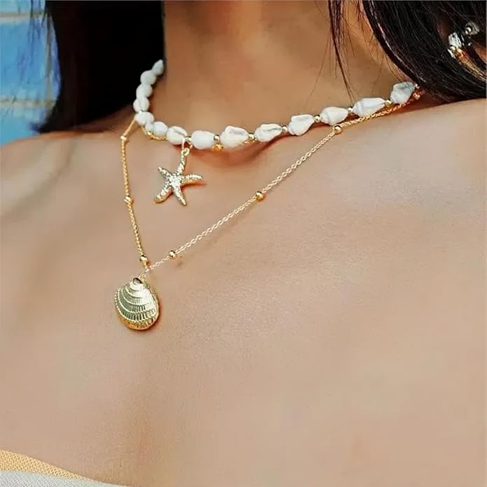 Layered Beach - Inspired Gold Necklace Set for Women - Seashell & Starfish Charm Necklaces, Ideal Beach Jewelry